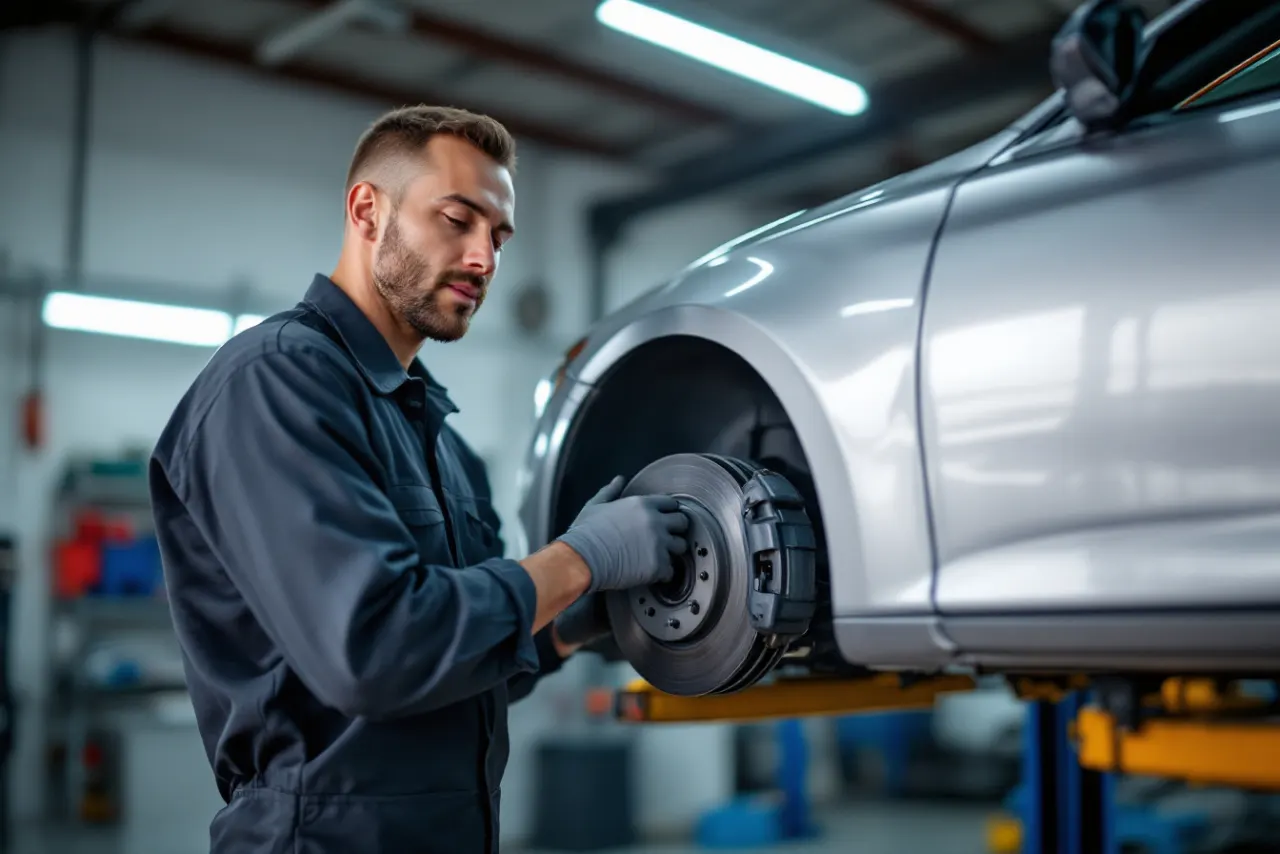Mechanic replacing brakes on a car raised on a lift