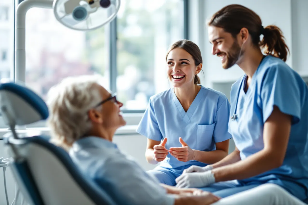 Dentist and assistant talking with a relaxed patient
