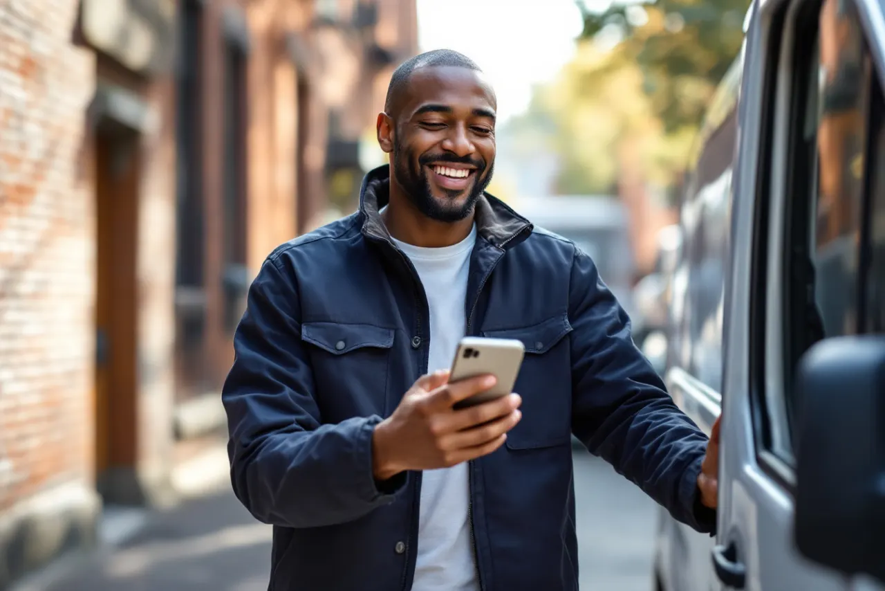 Service business owner smiling at a new booking on his phone beside his work van