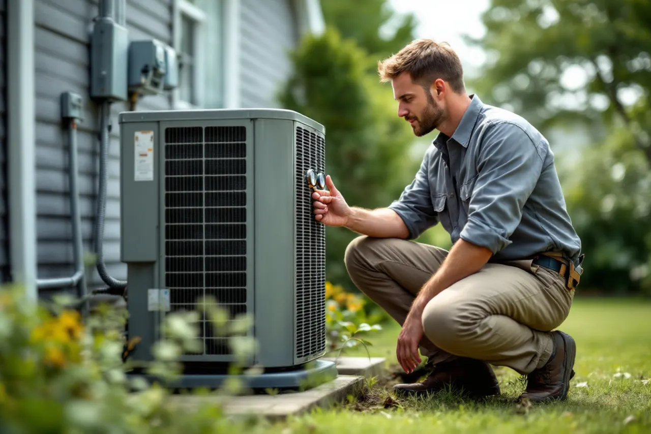 HVAC technician checking an outdoor air conditioner unit
