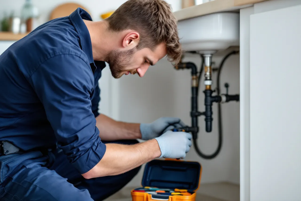 Plumber repairing pipes under a kitchen sink