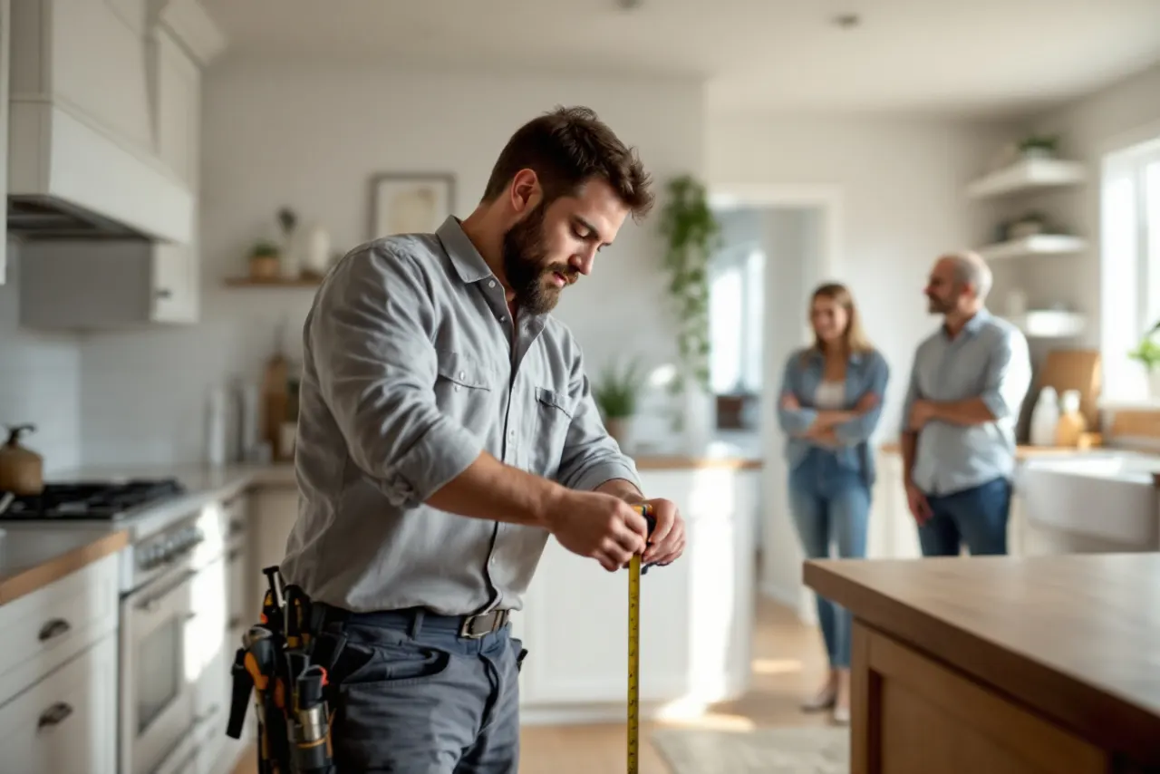Remodeling contractor measuring new kitchen cabinets while homeowners watch