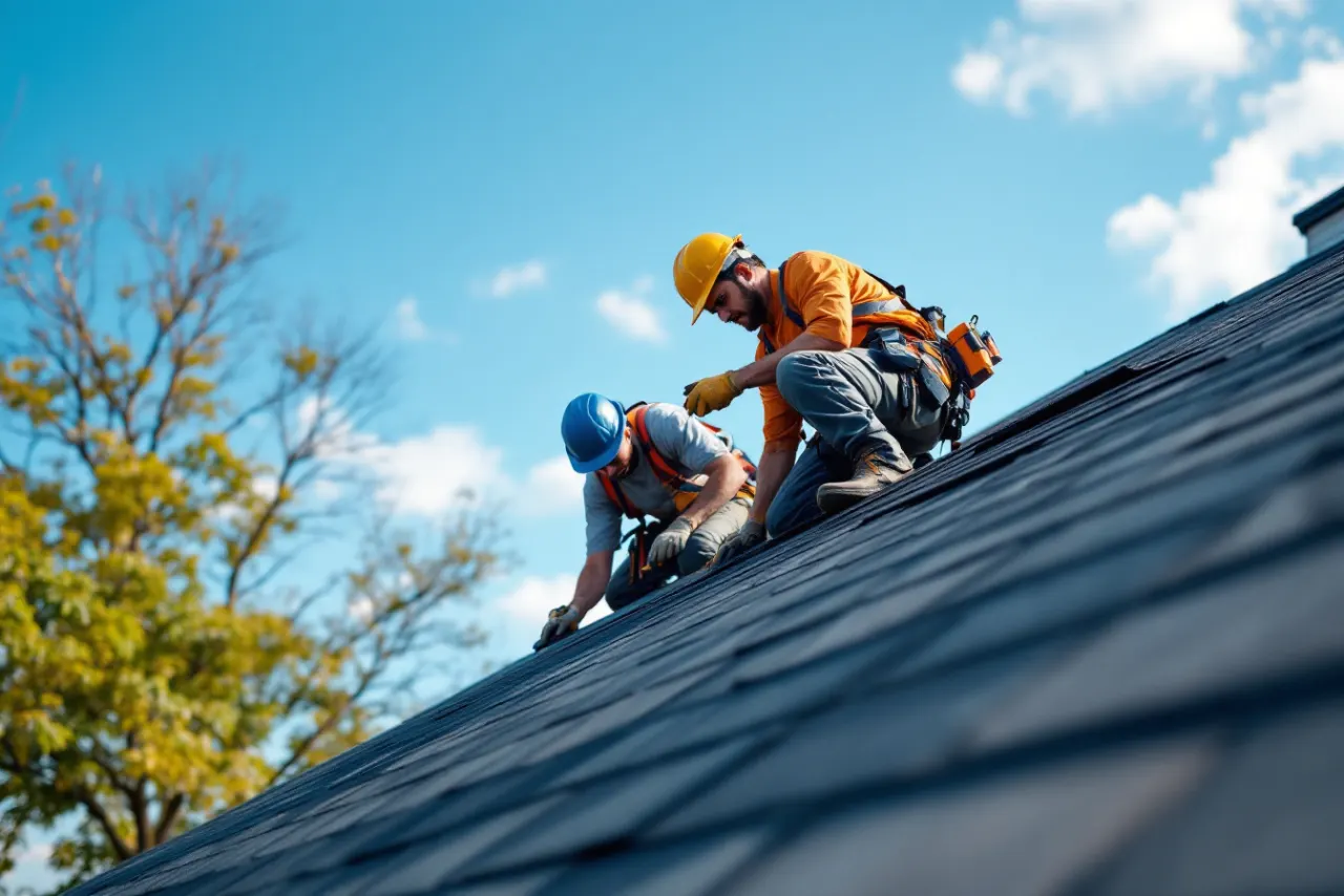 Roofers installing shingles on a steep residential roof